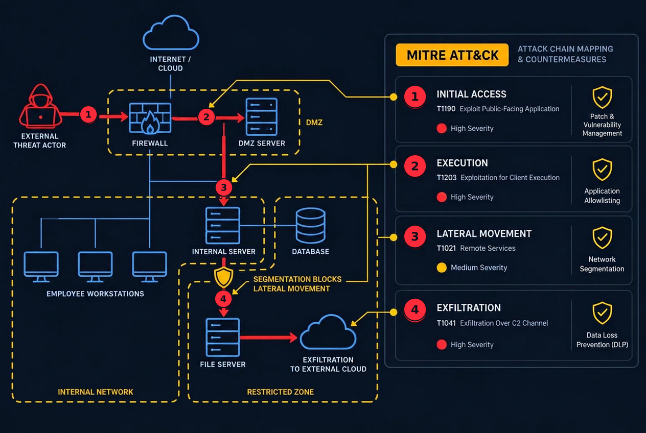 An attack chain across a segmented network mapped to MITRE ATT&CK tactics — initial access, execution, lateral movement, exfiltration — with network segmentation shown blocking lateral movement and a countermeasure per stage